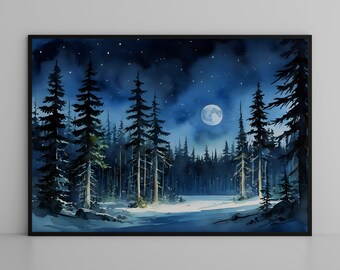 Mystical Night Forest full moon watercolor wall art