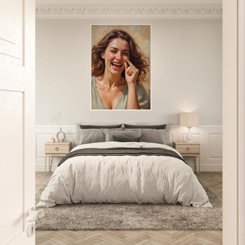 May include: A painting of a woman with long brown hair laughing and touching her nose with her finger. The background is a light brown color.