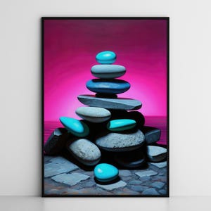 Puede incluir: Una pila de piedras grises y azules equilibradas unas sobre otras, con algunas piedras turquesa en la parte superior y en la base. Las piedras están sobre una superficie de adoquines grises y blancos. El fondo es de un rosa vibrante.