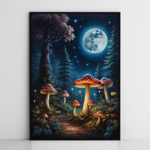Mystical Enchanted Mushroom forest wall art print, firefly forest wall hanging, magical forest art, fantasy landscape painting