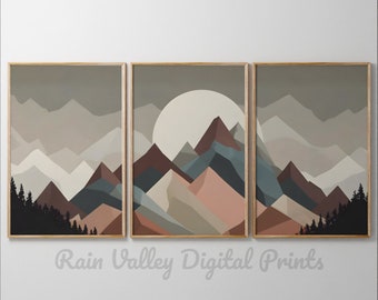 3 Piece Minimalist Mountains Scene, Printable Wall Art Set, Digital Prints
