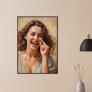 May include: A painting of a woman with brown hair and a green shirt, smiling and touching her nose with her finger.