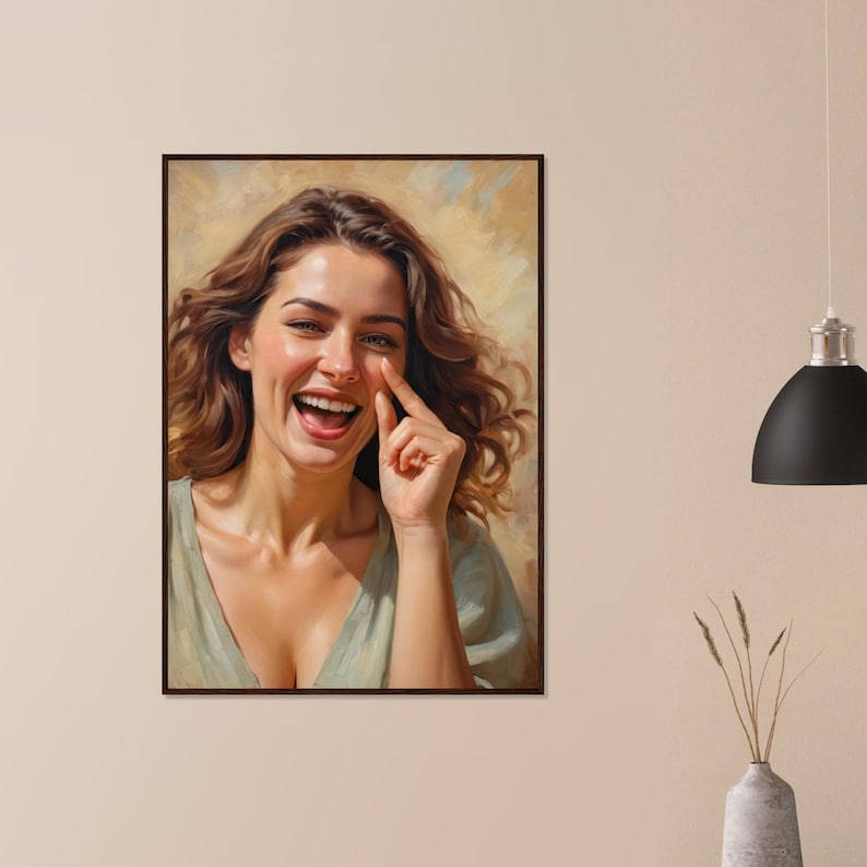 May include: A painting of a woman with brown hair and a green shirt, smiling and touching her nose with her finger.