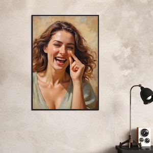 May include: A painting of a woman with brown hair laughing and touching her nose with her finger. She is wearing a light green shirt and has a warm, natural background.