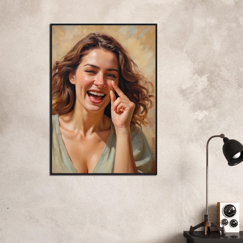 May include: A painting of a woman with brown hair laughing and touching her nose with her finger. She is wearing a light green shirt and has a warm, natural background.