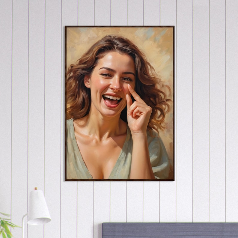 May include: A painting of a woman with long brown hair laughing. She is wearing a light green shirt and has her finger on her nose.