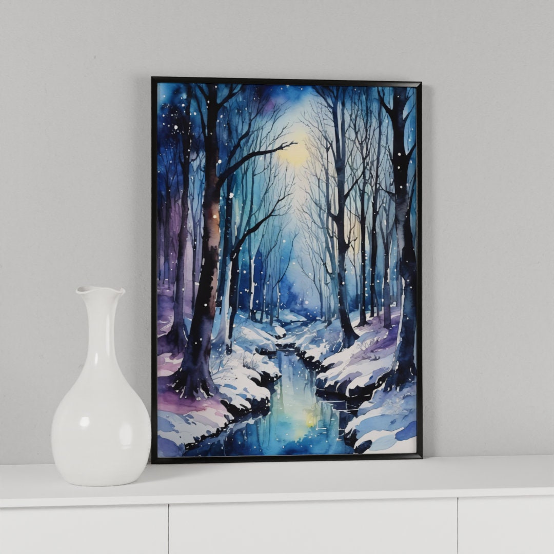 Enchanting Winter Night Snowy Forest Wall Art, Digital Art - Etsy