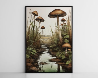 Aardse bospaddestoelen, humeurige mospaddestoelmuurprint, bloemendonkere academische wereld