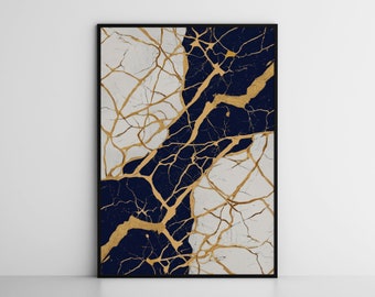 Von der Kintsugi-Keramik inspirierte Wandkunst, Wabi-Sabi-Wohnkultur, japanischer Gold-Schwarz-Weiß-Kunstdruck