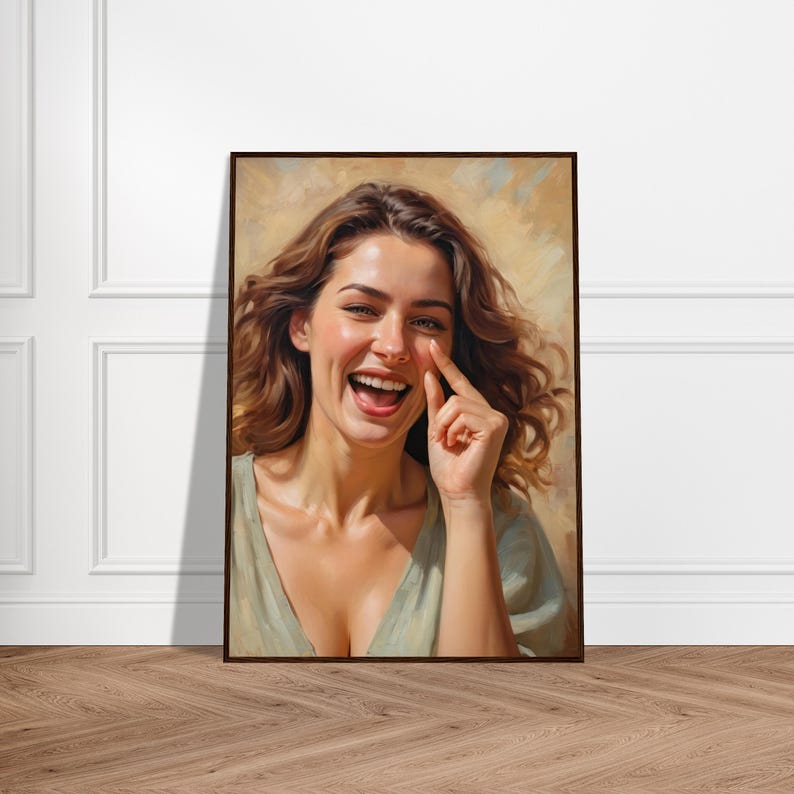 May include: A painting of a woman with long brown hair laughing. She is wearing a light green shirt and has her hand near her face.