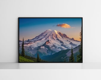 Mt Rainier Washington Painting, Mountain nature landscape wall art