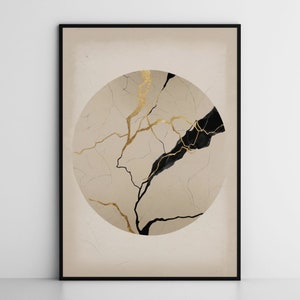 Kintsugi Pottery inspired wall art print, wabi sabi circle home decor, Japanese gold black beige wall decor