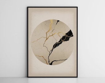 Kintsugi Pottery inspired wall art print, wabi sabi circle home decor, Japanese gold black beige wall decor