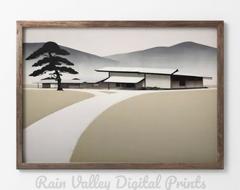 Japandi Wandkunst, minimalistische japanische Wohnkultur, digitaler Kunstdruck