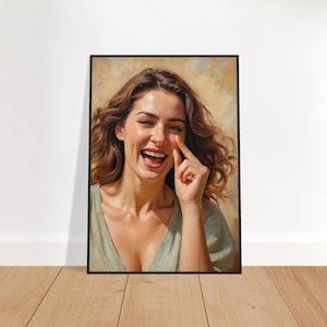 May include: A woman with long brown hair is laughing and touching her nose with her finger. She is wearing a light green top and has a warm, natural background.