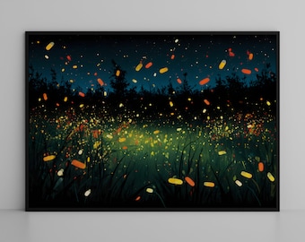 Fireflies At Twilight landscape oil painting wall art, luminous home decor, framed wall art