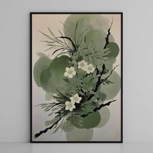 Sage Green Japandi wall art, hunter green wabi sabi home decor, trendy art print