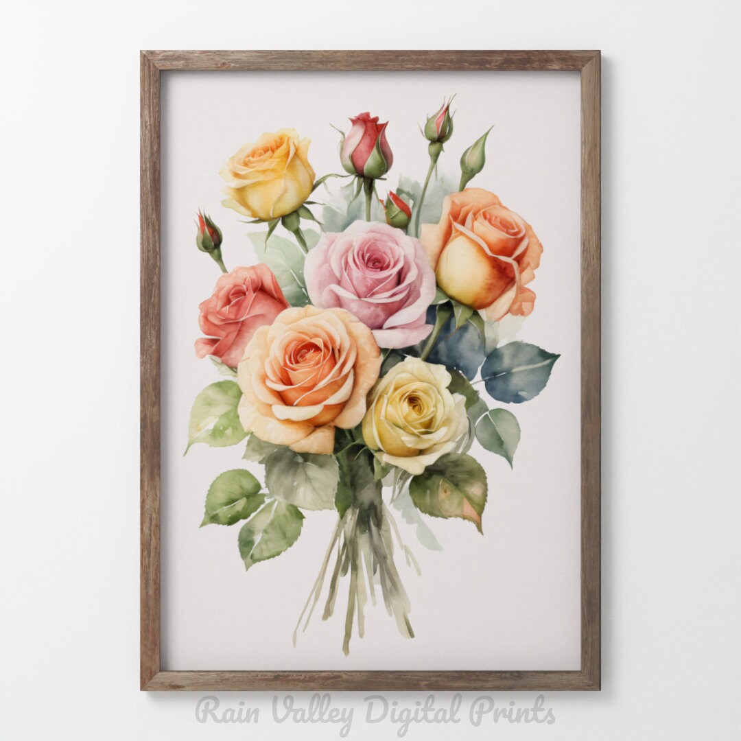 Watercolor Rose Bouquet Art Print: Multicolored Floral Home Decor ...