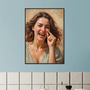 May include: A painting of a woman with long brown hair laughing. She is wearing a light green shirt and has her finger on her nose.