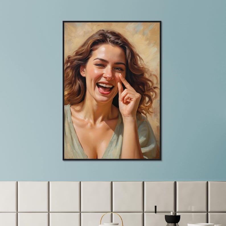 May include: A painting of a woman with long brown hair laughing. She is wearing a light green shirt and has her finger on her nose.