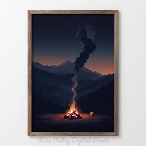 Pode incluir: Uma ilustração digital de uma fogueira a arder numa paisagem montanhosa à noite. O fogo é rodeado por árvores escuras e uma coluna de fumo sobe para o céu noturno.
