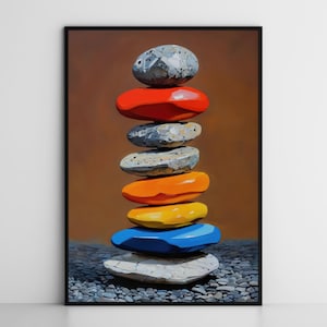 Zen Stacked Rocks Oil Painting Wall Art, Balancing Stones Decor