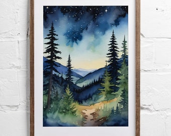 Mystical Night Forest Watercolor Wall Art