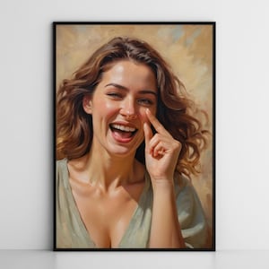 May include: A painting of a woman with long brown hair laughing. She is wearing a light green shirt and has her finger on her nose.