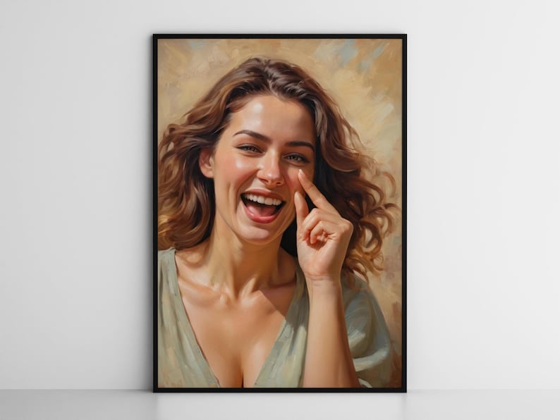 May include: A painting of a woman with long brown hair laughing. She is wearing a light green shirt and has her finger on her nose.