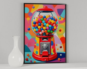Retro Gumball Machine Wall Art, Y2K Nostalgia Home Decor, Digital Print