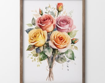 Watercolor Summer Roses Bouquet Wall Decor, Bathroom Wall Art, Digital Downloads