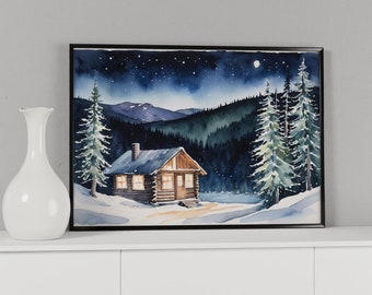 Winter Wonderland Enchanting Forest Cabin Snowy Night Wall Art, Home Decor, DIGITAL PRINT