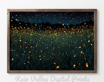Fireflies At Twilight Landscape Oil Painting Wall Art, Luminous Home Decor, DIGITAL PRINT