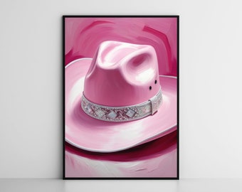 Impression d'art rose chapeau de cow-girl, décoration western preppy, peinture à l'huile girly