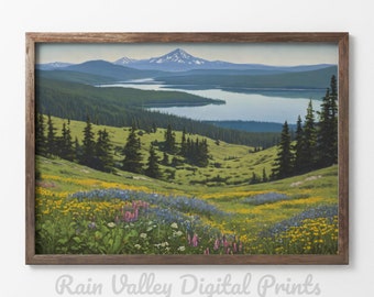 Impresión de flores silvestres de lago de montaña: Arte mural paisajístico (descarga digital)