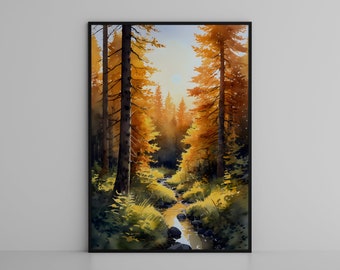 May include: A watercolor painting of a forest scene with a stream running through it. The trees are a vibrant yellow and orange, and the sun is shining through the leaves. The stream is clear and blue, and there are rocks and pebbles in the water.