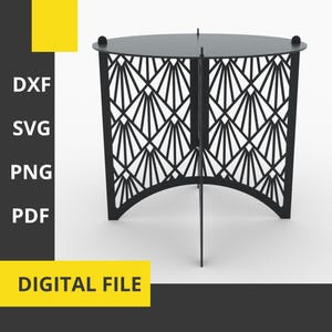 Może przedstawiać: Czarny, wycinany laserowo stolik boczny z geometrycznym wzorem wachlarza. Stół ma okrągły blat i trzy nogi. Obraz zawiera tekst "DXF, SVG, PNG, PDF, DIGITAL FILE" w żółtym banerze.