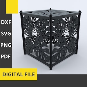 Peut inclure: Un pot de fleurs en métal noir en forme de cube avec un motif découpé de feuilles tropicales. Le pot est un fichier numérique à télécharger.