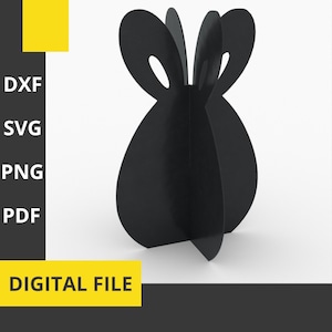 May include: A black, three-dimensional papercraft design, resembling a stylized bunny or flower. The image includes the text "DXF, SVG, PNG, PDF, DIGITAL FILE" in a yellow and white color scheme.