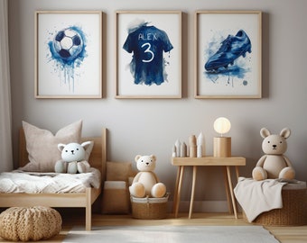 Conjunto personalizado de 3 impresiones de arte de pared de fútbol, decoración de habitaciones para niños y niñas, póster de fútbol, impresiones de fútbol, camiseta de fútbol, arte digital con nombre personalizado