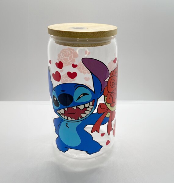 Hearts and Rose Bouquets Stitch 16 oz Glass Cup with lid and Straw