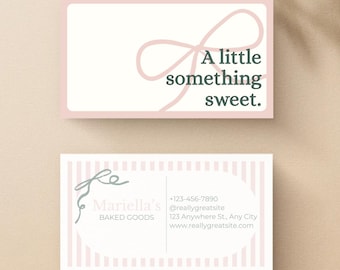 May include: Two business cards with a pale pink and white design. The top card has a pink bow graphic and the text "A little something sweet." The bottom card features the name "Mariella's BAKED GOODS" and contact information.