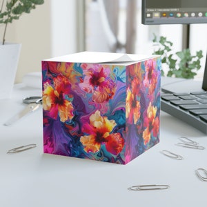 Vibrant Tropical Bloom and Fluid Art Design Note Cube - Exotic Floral Office Decor