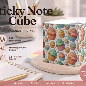 Pastel Cupcake Sticky Note Cube, Cute Dessert Memo Cube, Kawaii Bakery Office Desk Decor, 700 Sheet Note Block, Sweet Gift for Bakers