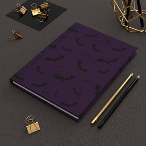 Purple Bat Pattern Notebook - Gothic Halloween Journal - Spooky Writing Notebook - Dark Themed Stationery - Office Gift Idea