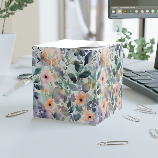 Soft Pastel Watercolor Floral Note Cube - Gentle Spring Blossoms - Artistic Home Office Accessory