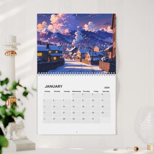 Op Studio Ghibli geïnspireerde animekalender 2025 | Schilderachtige natuurkunst wandkalender | Prachtig landschapskalendercadeau voor animeliefhebbers