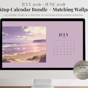 May include: A desktop computer monitor displaying a digital calendar for July 2026. The screen features a lavender background, a scenic beach photograph, and the text JULY 2026. A circular badge on the screen reads 2 ACADEMIC YEARS JULY 2026 - JUNE 2028.