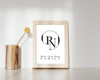 May include: A framed print with a black and white monogram of the letters "R" and "N" inside a circle. The text "Roberta - Nicola - Daniela FAMILY" is printed below the monogram.