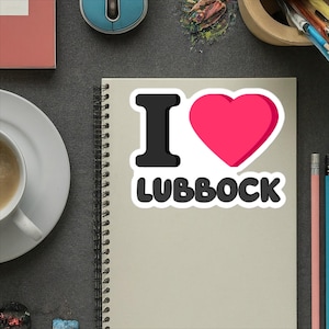 Naklejki z dumą z Teksasu, naklejki z napisem „I heart Lubbock”, naklejki na laptopa z Teksasu, zabawne prezenty z Teksasu, naklejki z humorem z Teksasu, naklejki na butelki z wodą z Teksasu